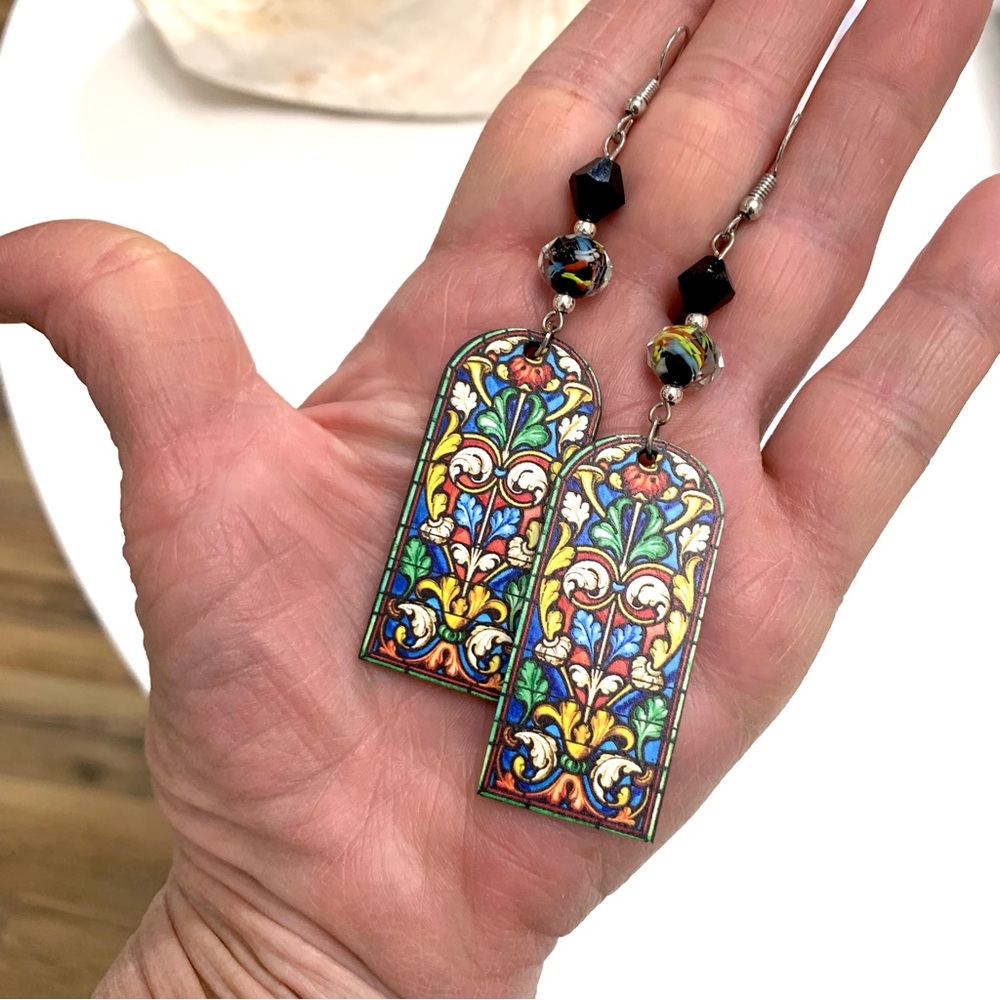 Chapel Window Wood & Czech Glass Earrings - Picture 2 of 2
